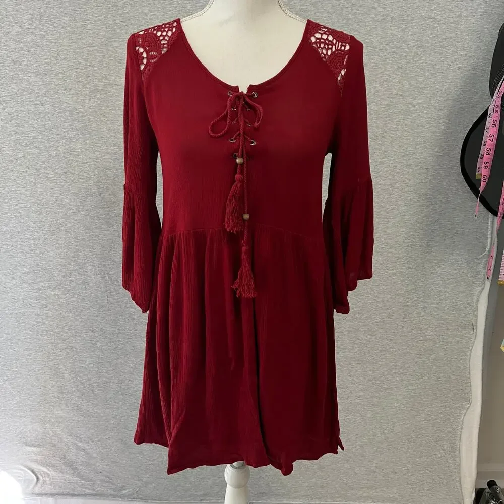 Gauzy Crochet Lace Dress Womens Crimson Red Lace Up Top Boho‎ Y2K Hint of Mint